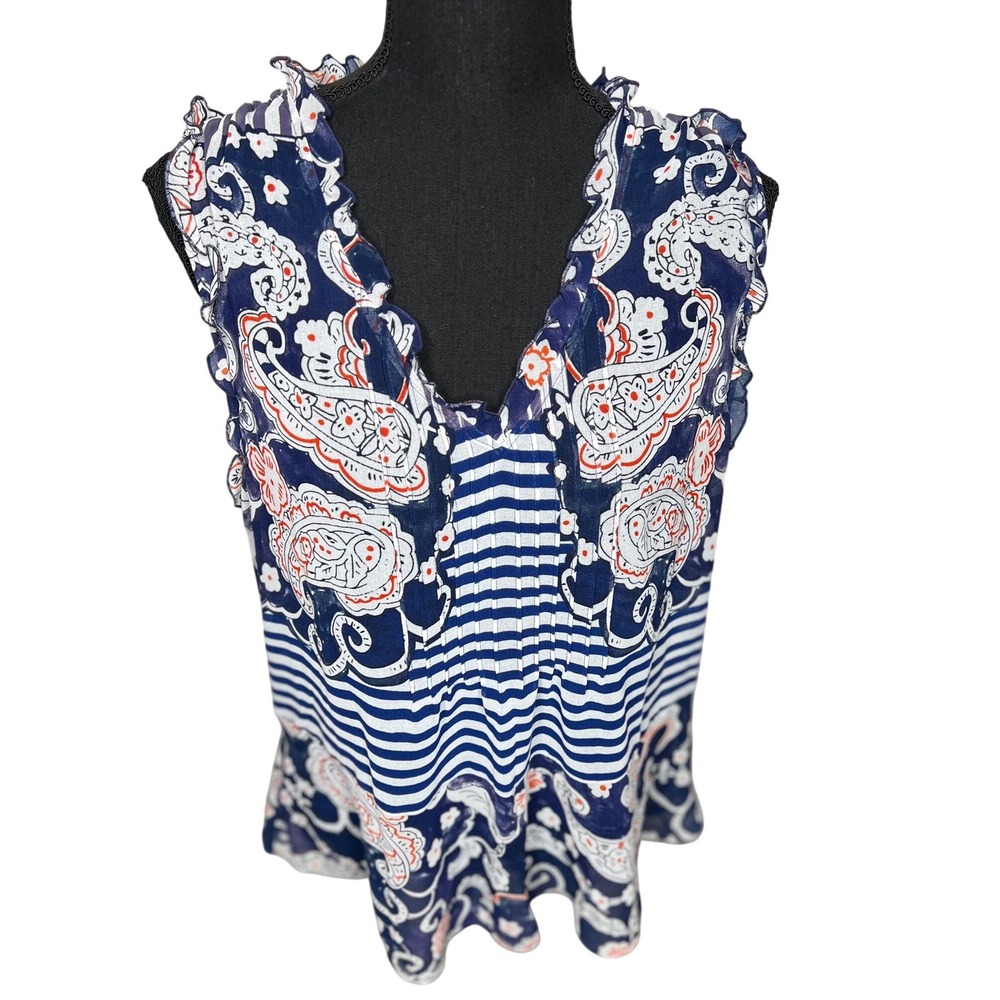 Cabi Womens Navy Blue Paisley Striped Ruffle V-Neck Sleeveless Blouse Small 5126